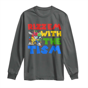 Funny Rizz Em With The Tism Long Sleeve Shirt Autism Awareness Dabbing Puzzle TS11 Dark Heather Print Your Wear