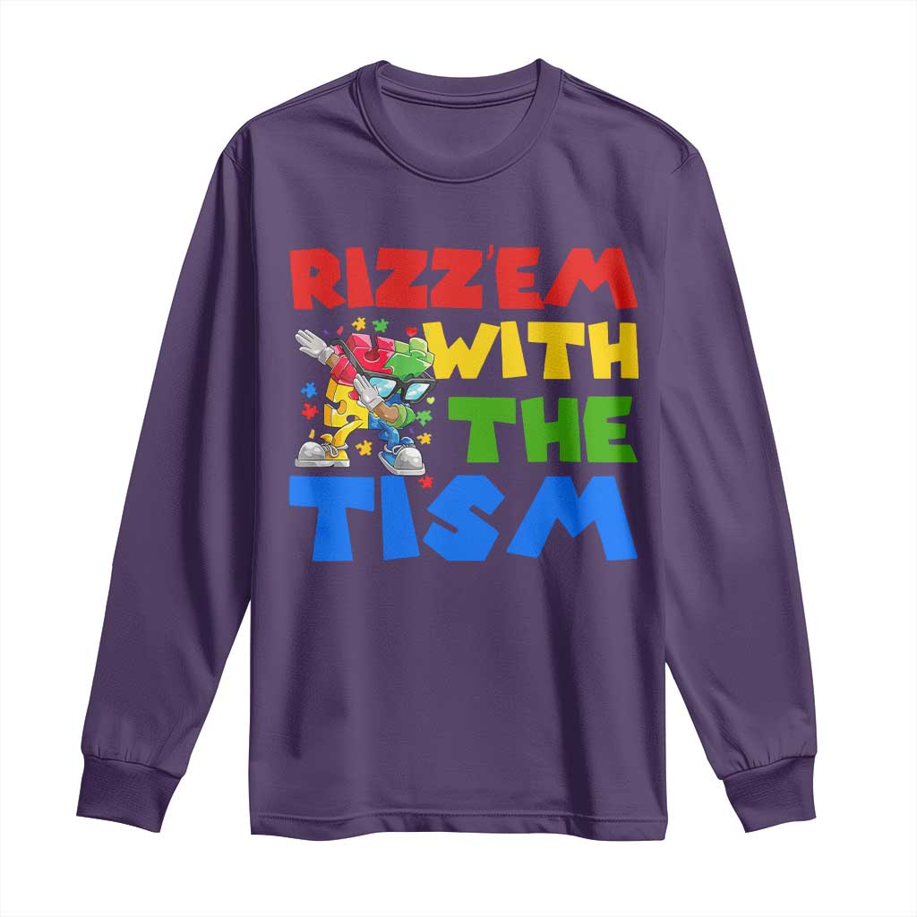 Funny Rizz Em With The Tism Long Sleeve Shirt Autism Awareness Dabbing Puzzle TS11 Purple Print Your Wear