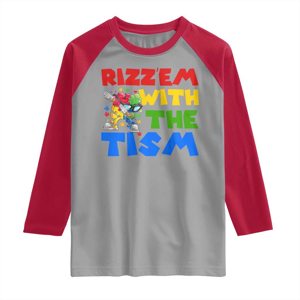 Funny Rizz Em With The Tism Raglan Shirt Autism Awareness Dabbing Puzzle TS11 Sport Gray Red Print Your Wear