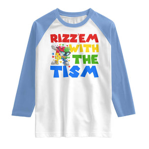 Funny Rizz Em With The Tism Raglan Shirt Autism Awareness Dabbing Puzzle TS11 White Carolina Blue Print Your Wear