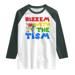 Funny Rizz Em With The Tism Raglan Shirt Autism Awareness Dabbing Puzzle TS11 White Dark Forest Green Print Your Wear
