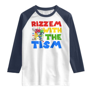 Funny Rizz Em With The Tism Raglan Shirt Autism Awareness Dabbing Puzzle TS11 White Navy Print Your Wear