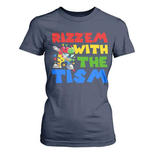 Funny Rizz Em With The Tism T Shirt For Women Autism Awareness Dabbing Puzzle TS11 Navy Print Your Wear