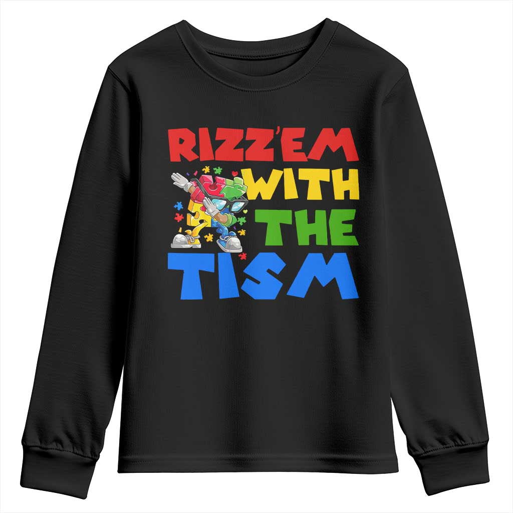 Funny Rizz Em With The Tism Youth Sweatshirt Autism Awareness Dabbing Puzzle TS11 Black Print Your Wear