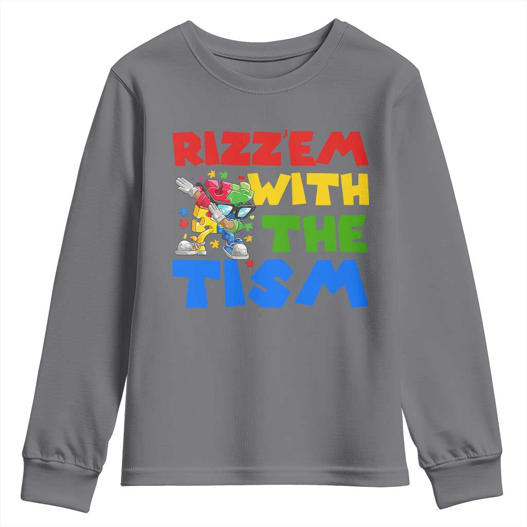 Funny Rizz Em With The Tism Youth Sweatshirt Autism Awareness Dabbing Puzzle TS11 Charcoal Print Your Wear