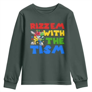 Funny Rizz Em With The Tism Youth Sweatshirt Autism Awareness Dabbing Puzzle TS11 Dark Forest Green Print Your Wear