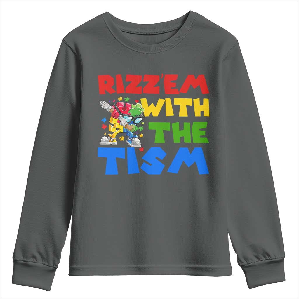 Funny Rizz Em With The Tism Youth Sweatshirt Autism Awareness Dabbing Puzzle TS11 Dark Heather Print Your Wear