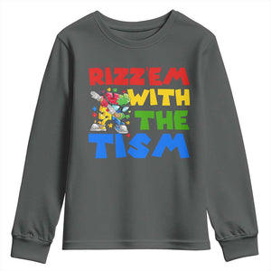 Funny Rizz Em With The Tism Youth Sweatshirt Autism Awareness Dabbing Puzzle TS11 Dark Heather Print Your Wear