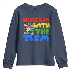 Funny Rizz Em With The Tism Youth Sweatshirt Autism Awareness Dabbing Puzzle TS11 Navy Print Your Wear