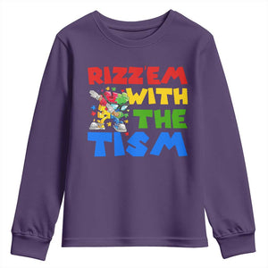 Funny Rizz Em With The Tism Youth Sweatshirt Autism Awareness Dabbing Puzzle TS11 Purple Print Your Wear