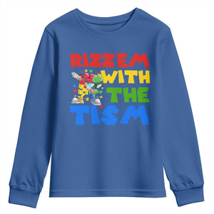 Funny Rizz Em With The Tism Youth Sweatshirt Autism Awareness Dabbing Puzzle TS11 Royal Blue Print Your Wear