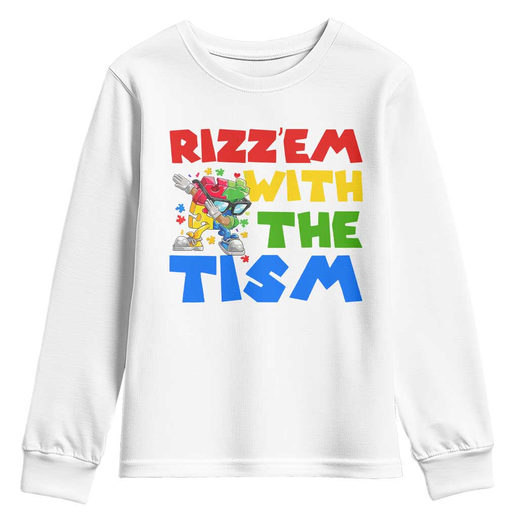 Funny Rizz Em With The Tism Youth Sweatshirt Autism Awareness Dabbing Puzzle TS11 White Print Your Wear