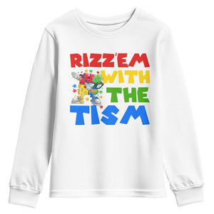 Funny Rizz Em With The Tism Youth Sweatshirt Autism Awareness Dabbing Puzzle TS11 White Print Your Wear
