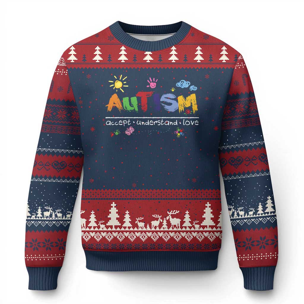 Autism Acceptance Month Ugly Christmas Sweater Autism Accept Understand Love SPED Teachers TS11 Navy Red Print Your Wear