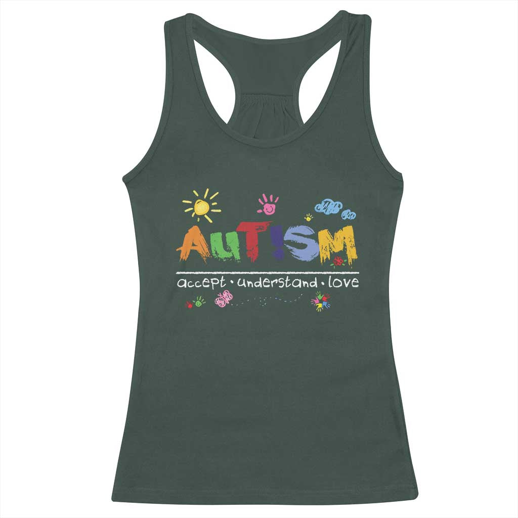Autism Acceptance Month Racerback Tank Top Autism Accept Understand Love SPED Teachers TS11 Dark Forest Green Print Your Wear