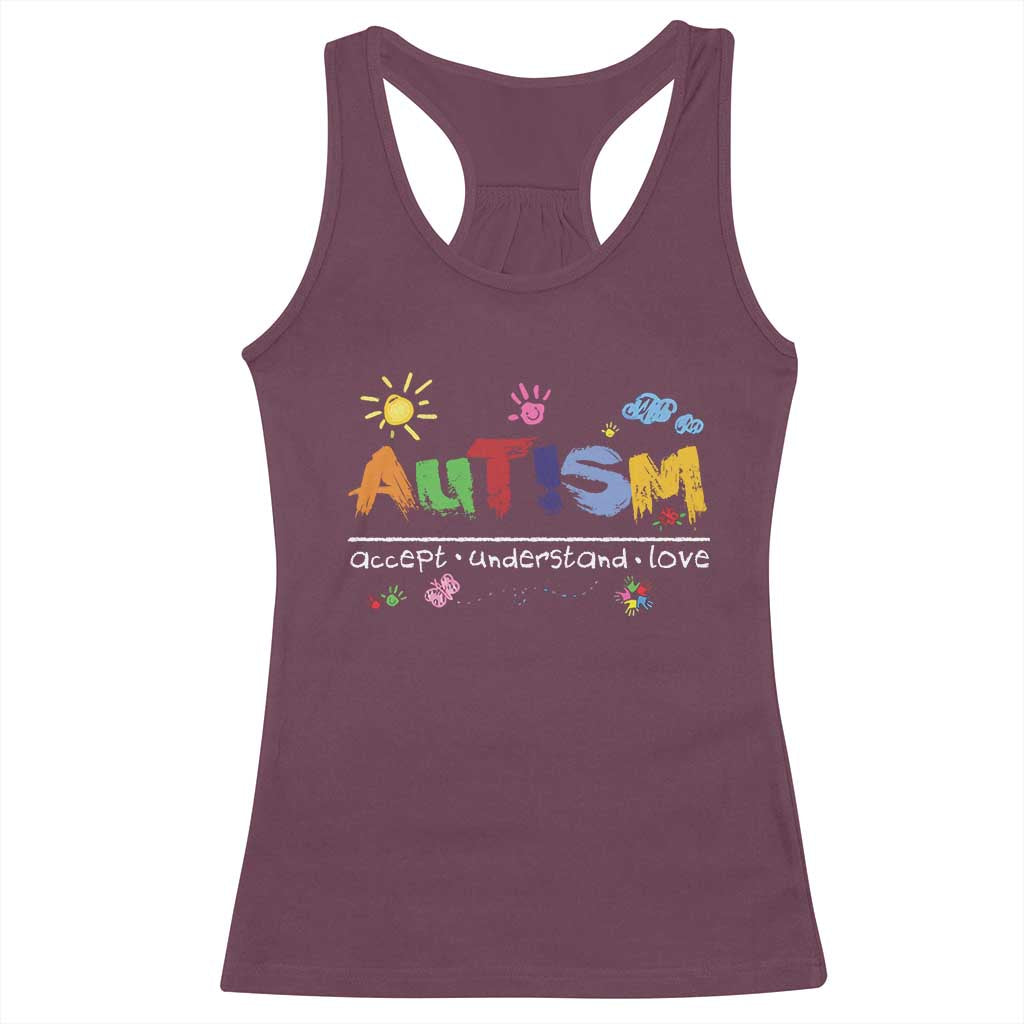 Autism Acceptance Month Racerback Tank Top Autism Accept Understand Love SPED Teachers TS11 Maroon Print Your Wear