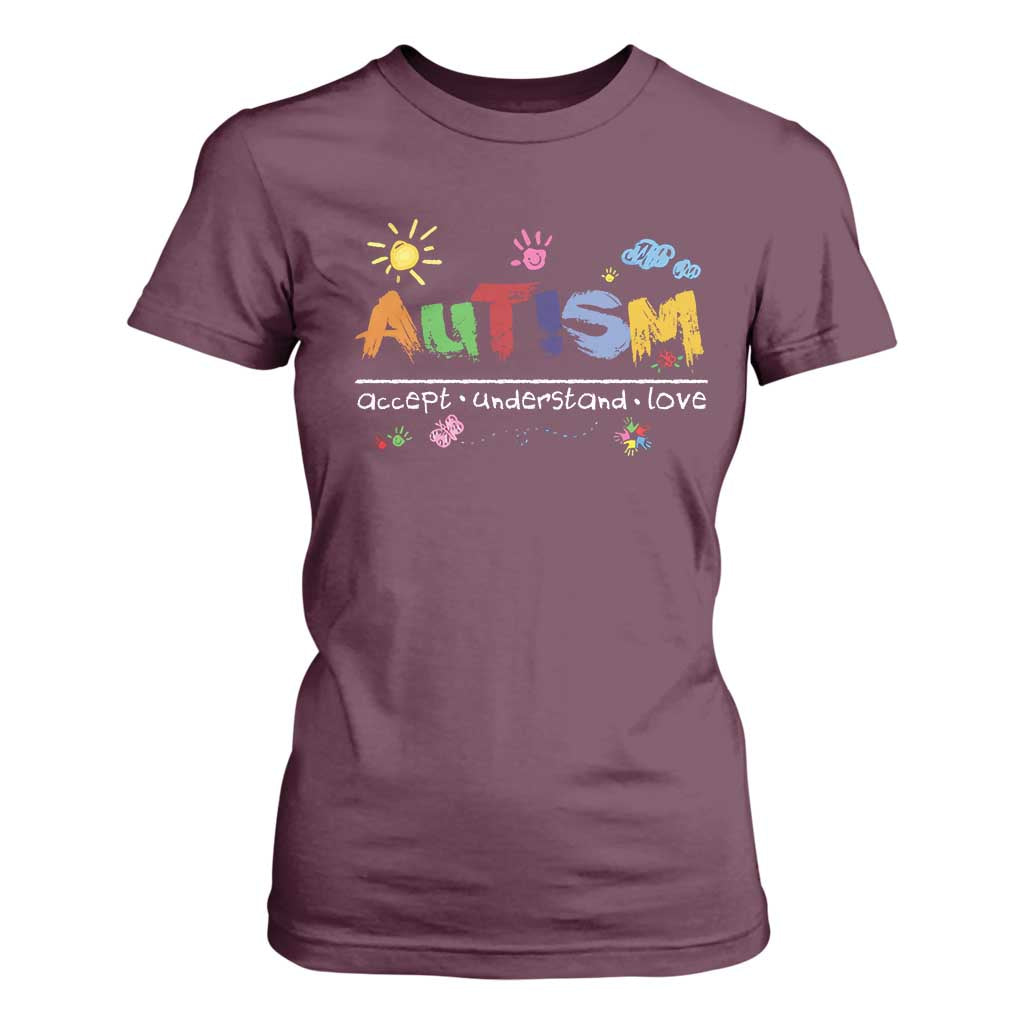 Autism Acceptance Month T Shirt For Women Autism Accept Understand Love SPED Teachers TS11 Maroon Print Your Wear