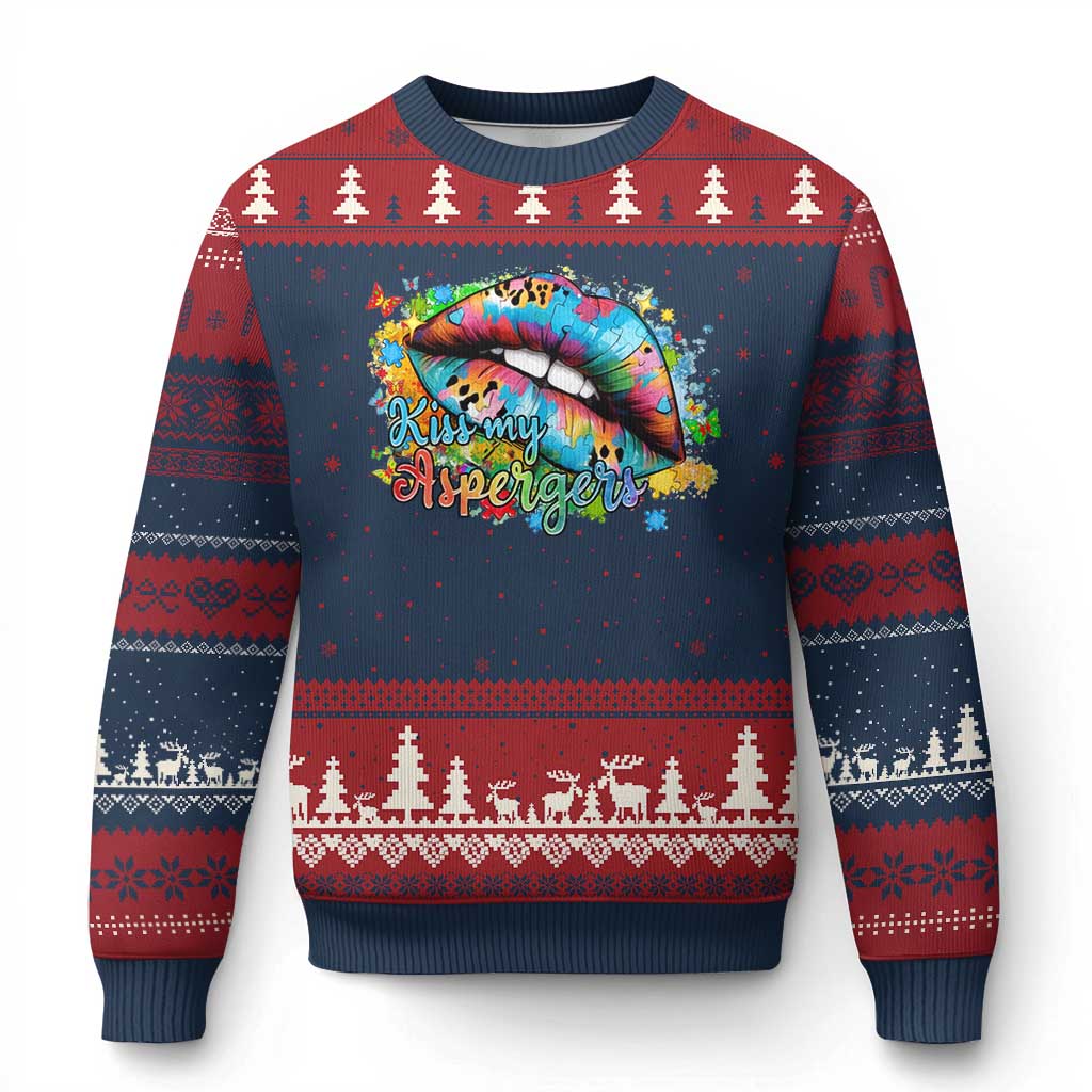 Funny Kiss My Aspergers Ugly Christmas Sweater Asperger Syndrome Autism Awareness TS11 Navy Red Print Your Wear