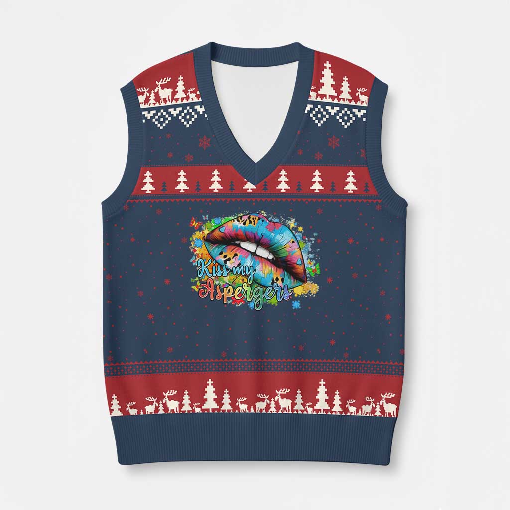 Funny Kiss My Aspergers V-Neck Knit Sweater Vest Asperger Syndrome Autism Awareness TS11 Navy Red Print Your Wear