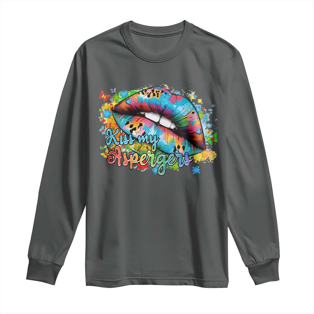 Funny Kiss My Aspergers Long Sleeve Shirt Asperger Syndrome Autism Awareness TS11 Dark Heather Print Your Wear