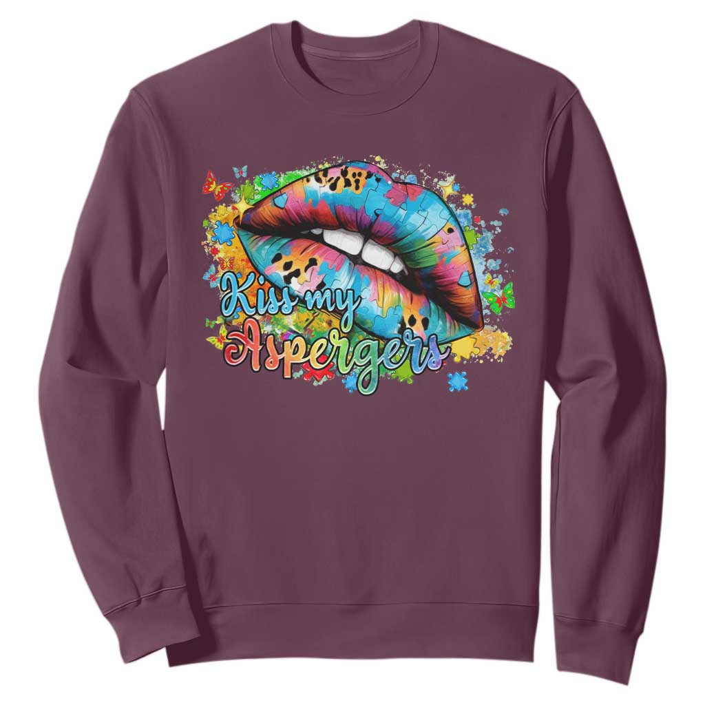 Funny Kiss My Aspergers Sweatshirt Asperger Syndrome Autism Awareness TS11 Maroon Print Your Wear