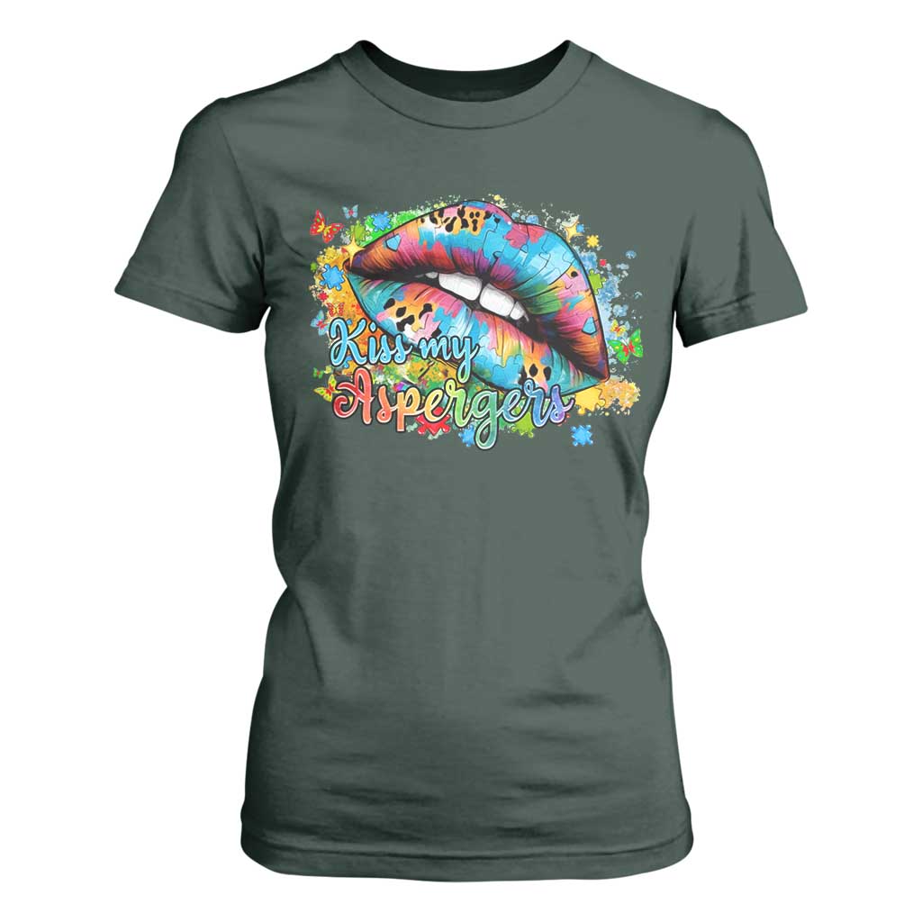 Funny Kiss My Aspergers T Shirt For Women Asperger Syndrome Autism Awareness TS11 Dark Forest Green Print Your Wear