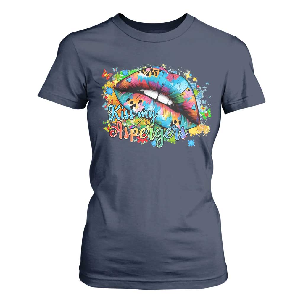 Funny Kiss My Aspergers T Shirt For Women Asperger Syndrome Autism Awareness TS11 Navy Print Your Wear