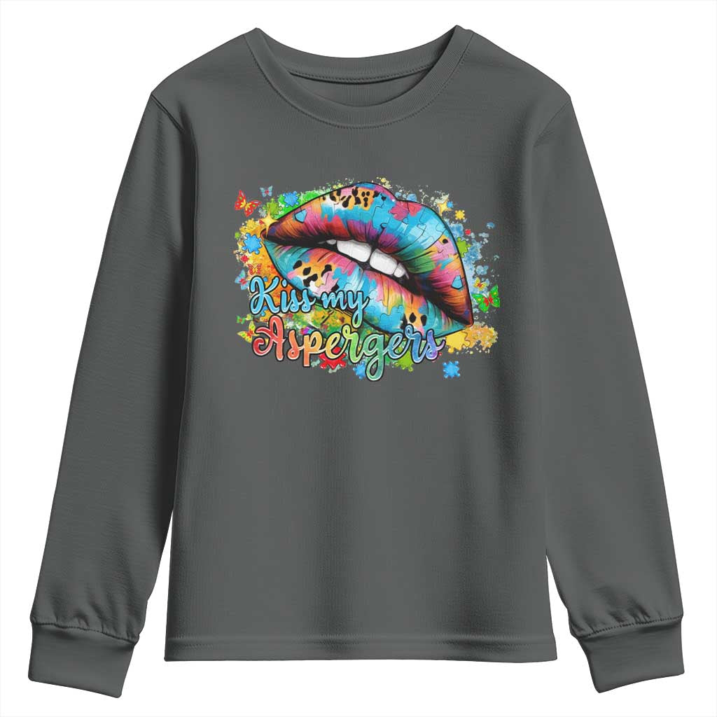 Funny Kiss My Aspergers Youth Sweatshirt Asperger Syndrome Autism Awareness TS11 Dark Heather Print Your Wear