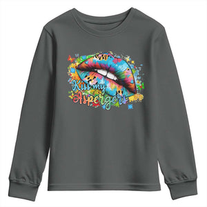 Funny Kiss My Aspergers Youth Sweatshirt Asperger Syndrome Autism Awareness TS11 Dark Heather Print Your Wear