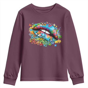 Funny Kiss My Aspergers Youth Sweatshirt Asperger Syndrome Autism Awareness TS11 Maroon Print Your Wear