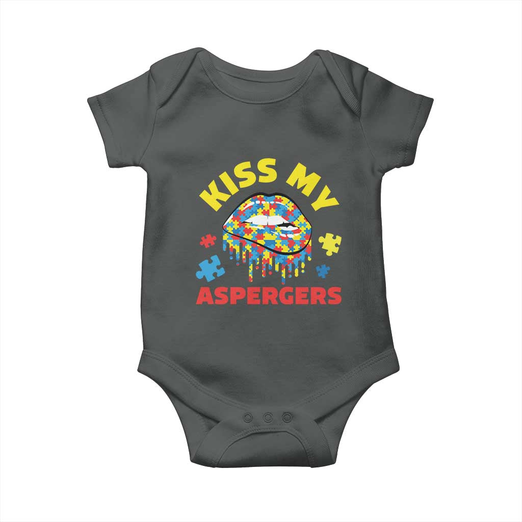 Funny Kiss My Aspergers Baby Onesie Asperger Syndrome Autism Awareness Puzzle Lips TS11 Dark Heather Print Your Wear