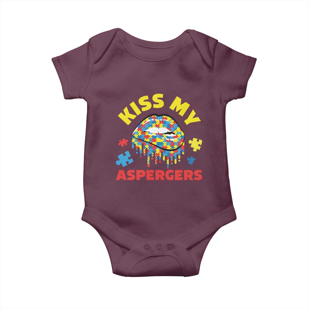 Funny Kiss My Aspergers Baby Onesie Asperger Syndrome Autism Awareness Puzzle Lips TS11 Maroon Print Your Wear