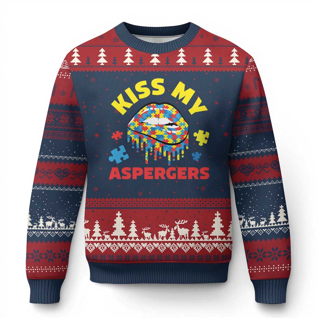 Funny Kiss My Aspergers Ugly Christmas Sweater Asperger Syndrome Autism Awareness Puzzle Lips TS11 Navy Red Print Your Wear