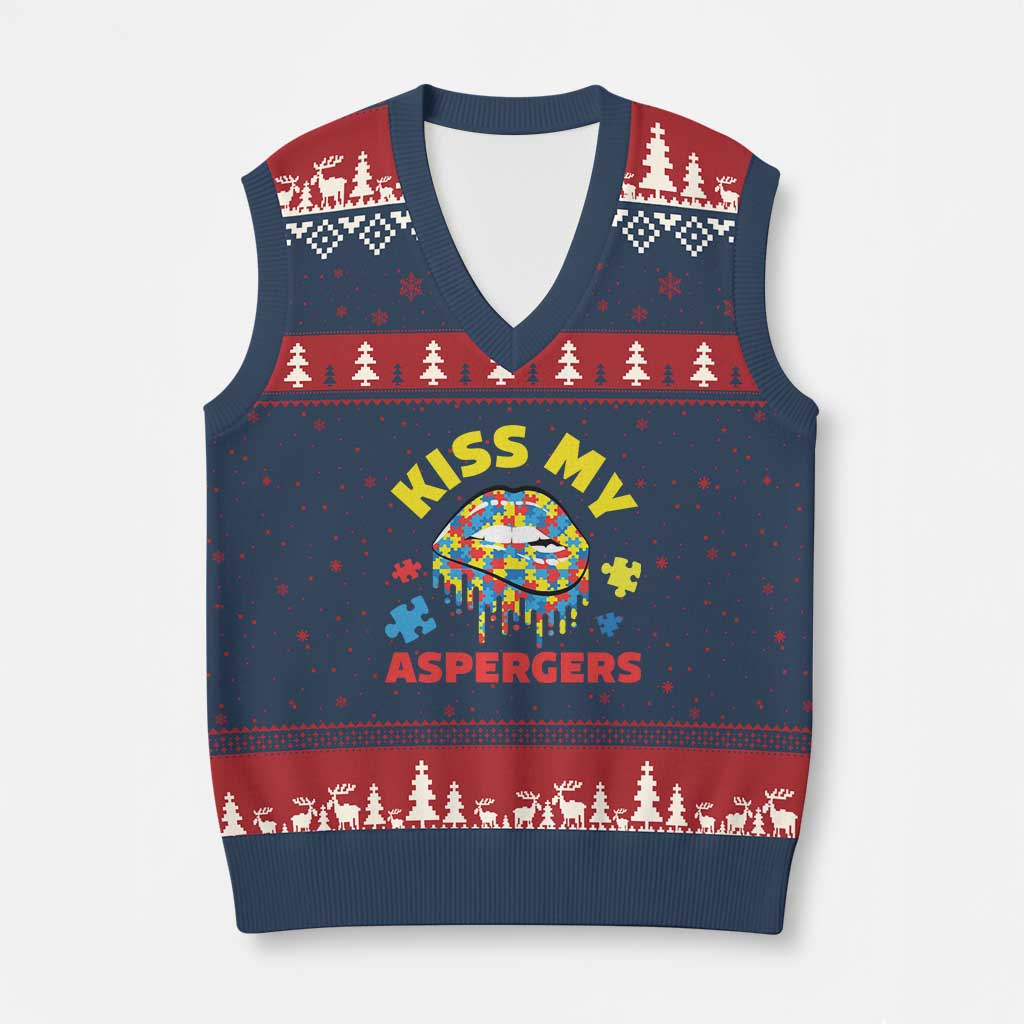 Funny Kiss My Aspergers V-Neck Knit Sweater Vest Asperger Syndrome Autism Awareness Puzzle Lips TS11 Navy Red Print Your Wear