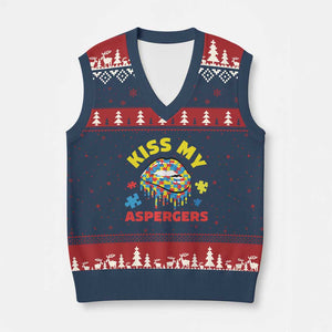 Funny Kiss My Aspergers V-Neck Knit Sweater Vest Asperger Syndrome Autism Awareness Puzzle Lips TS11 Navy Red Print Your Wear