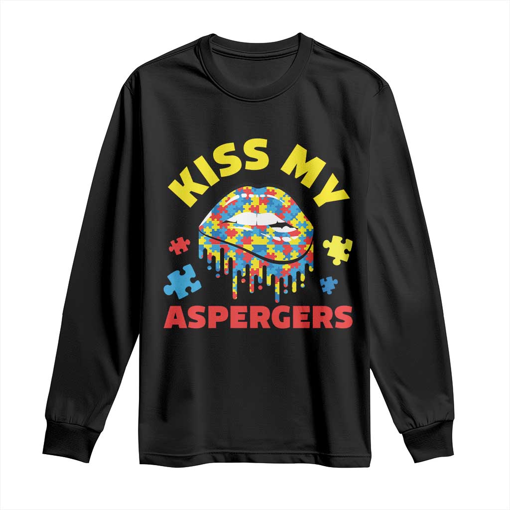 Funny Kiss My Aspergers Long Sleeve Shirt Asperger Syndrome Autism Awareness Puzzle Lips TS11 Black Print Your Wear