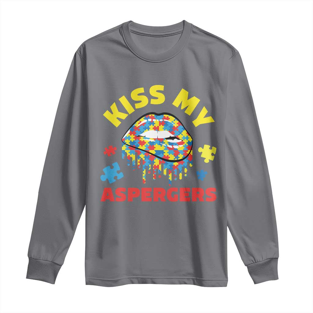 Funny Kiss My Aspergers Long Sleeve Shirt Asperger Syndrome Autism Awareness Puzzle Lips TS11 Charcoal Print Your Wear