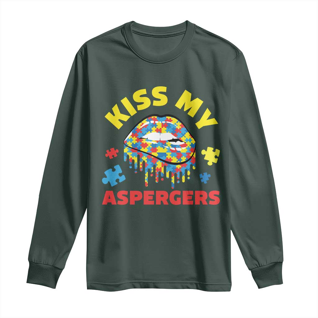 Funny Kiss My Aspergers Long Sleeve Shirt Asperger Syndrome Autism Awareness Puzzle Lips TS11 Dark Forest Green Print Your Wear