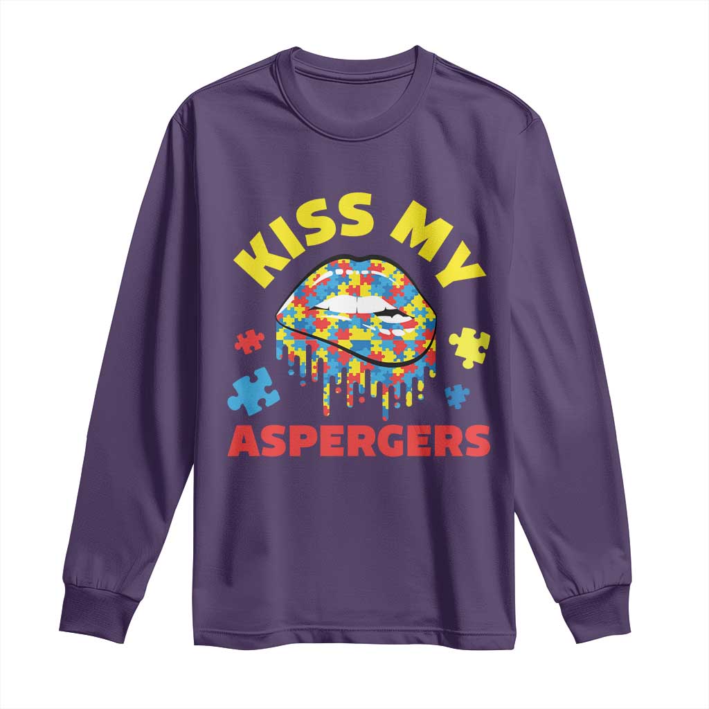 Funny Kiss My Aspergers Long Sleeve Shirt Asperger Syndrome Autism Awareness Puzzle Lips TS11 Purple Print Your Wear