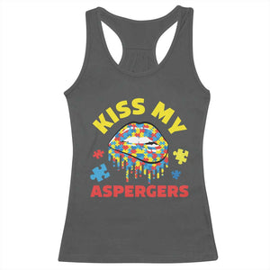 Funny Kiss My Aspergers Racerback Tank Top Asperger Syndrome Autism Awareness Puzzle Lips TS11 Dark Heather Print Your Wear