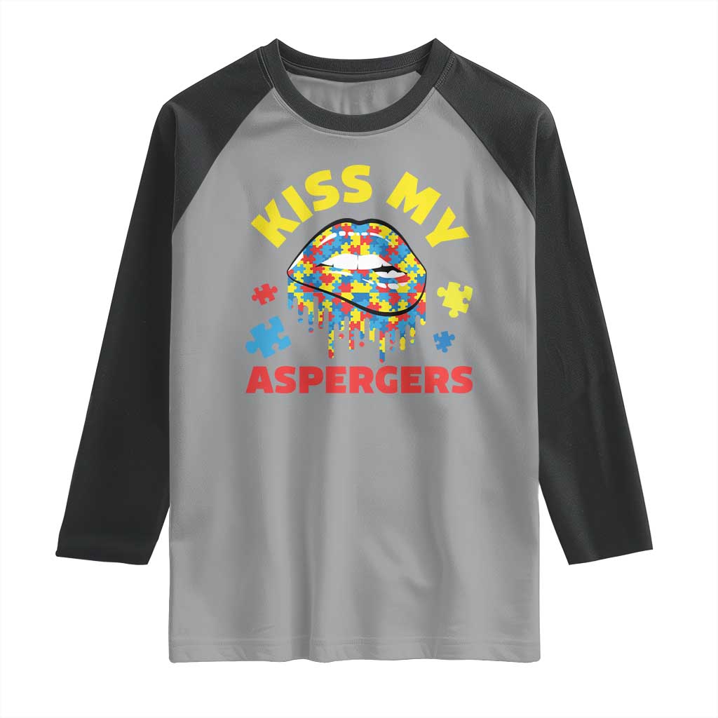 Funny Kiss My Aspergers Raglan Shirt Asperger Syndrome Autism Awareness Puzzle Lips TS11 Sport Gray Black Print Your Wear
