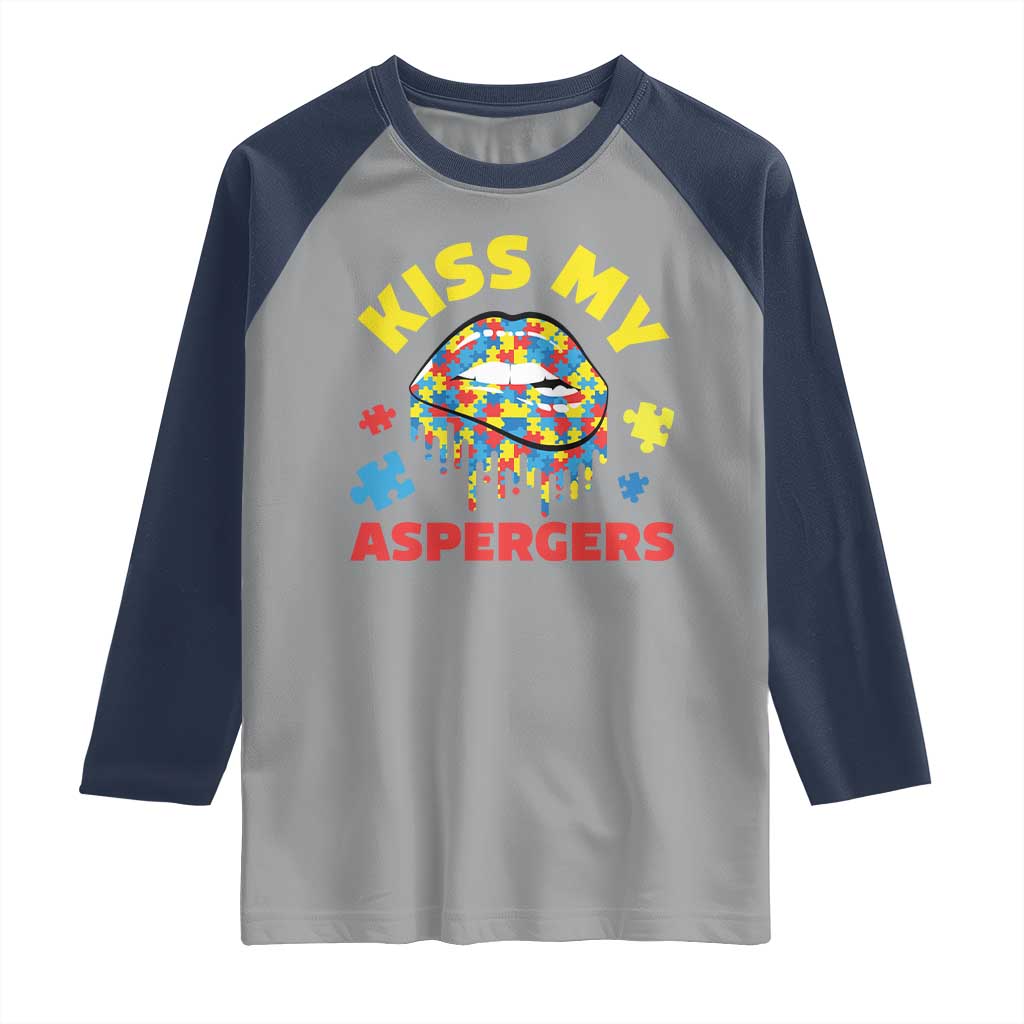 Funny Kiss My Aspergers Raglan Shirt Asperger Syndrome Autism Awareness Puzzle Lips TS11 Sport Gray Navy Print Your Wear