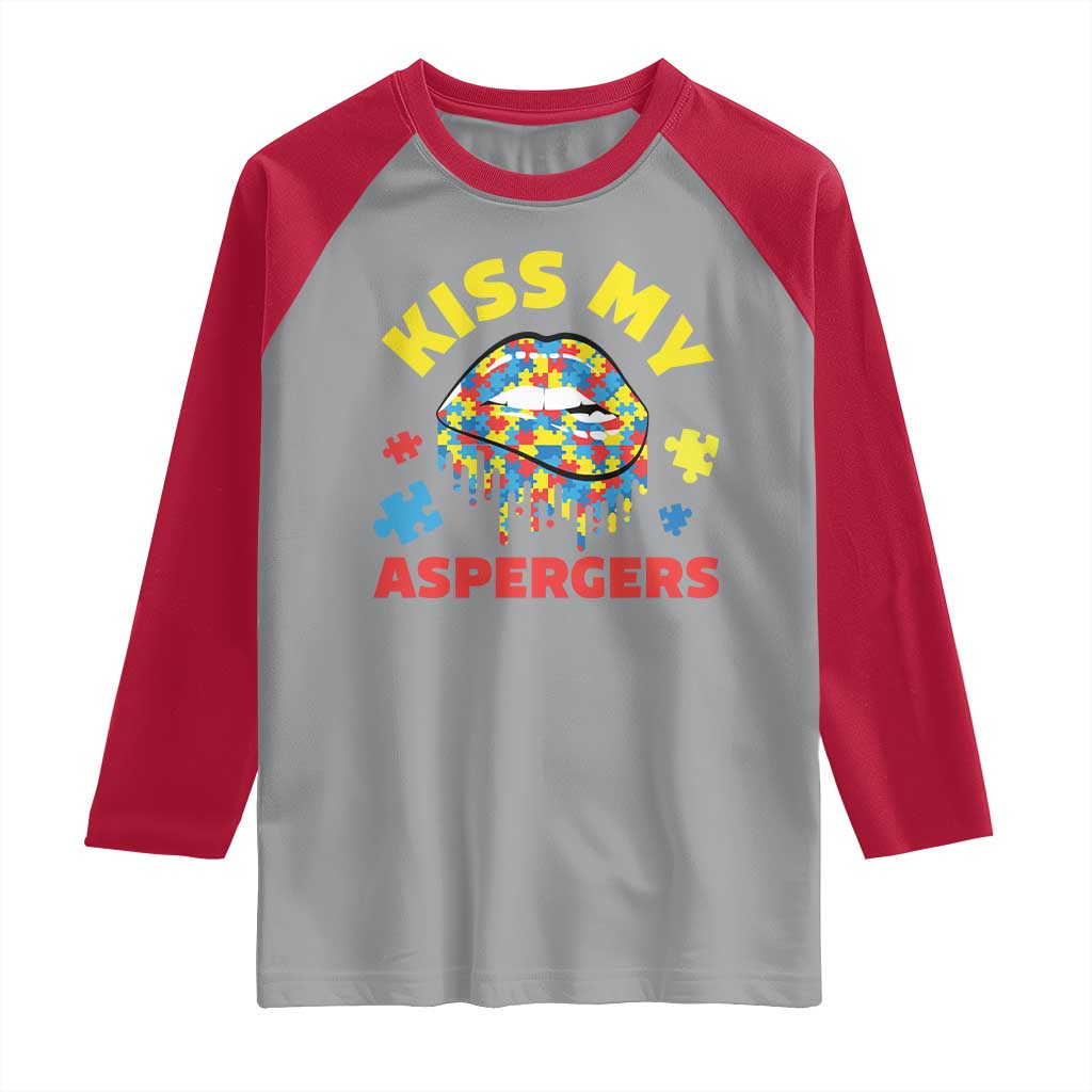 Funny Kiss My Aspergers Raglan Shirt Asperger Syndrome Autism Awareness Puzzle Lips TS11 Sport Gray Red Print Your Wear