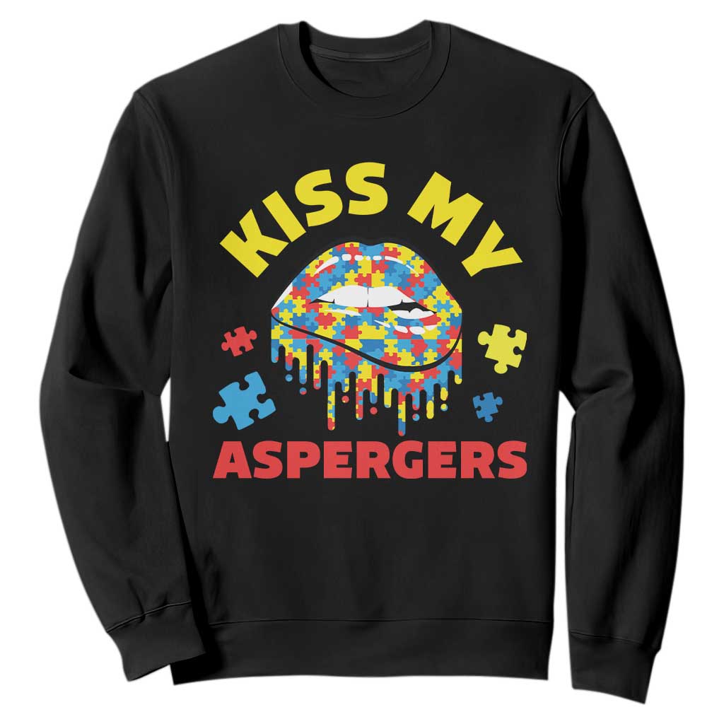 Funny Kiss My Aspergers Sweatshirt Asperger Syndrome Autism Awareness Puzzle Lips TS11 Black Print Your Wear