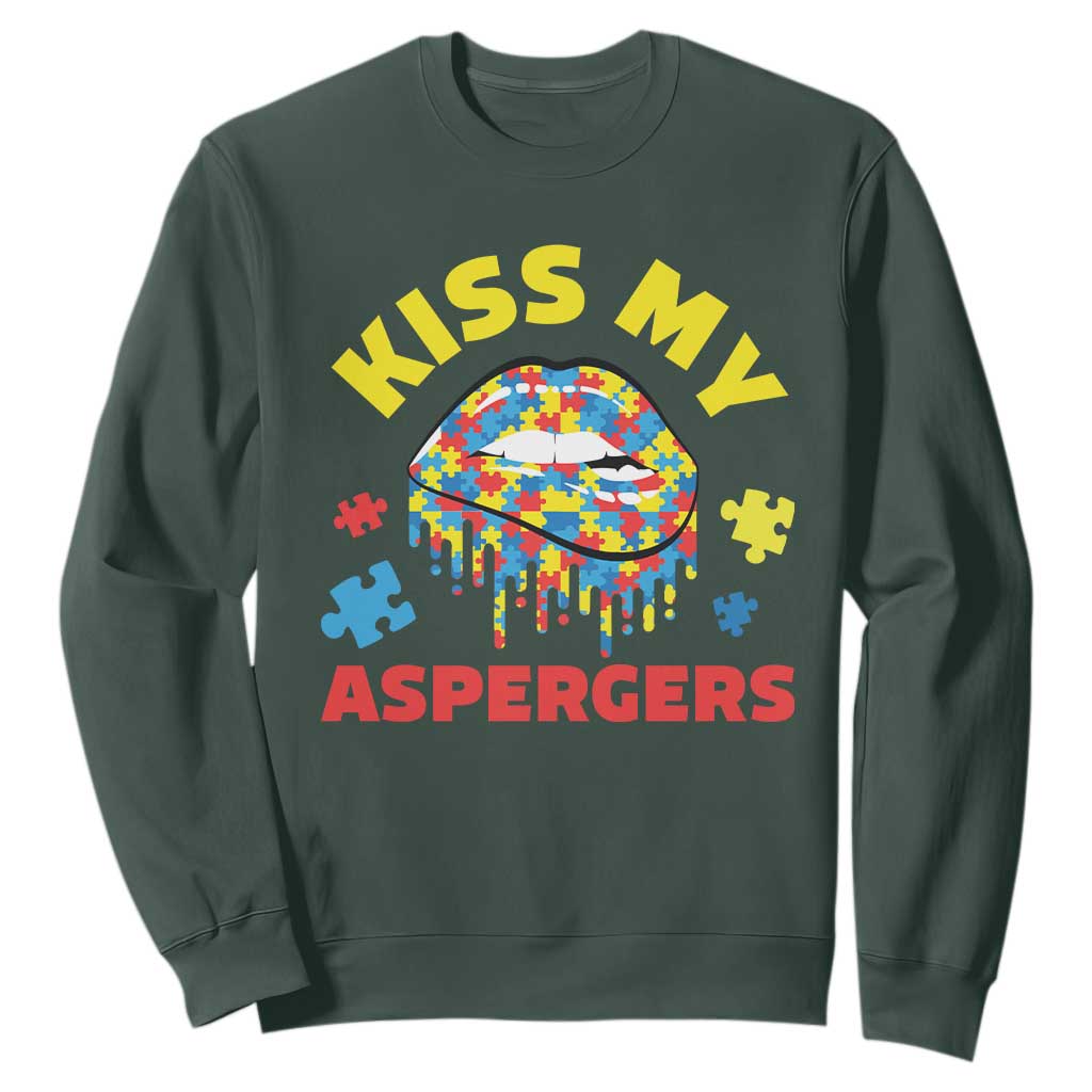 Funny Kiss My Aspergers Sweatshirt Asperger Syndrome Autism Awareness Puzzle Lips TS11 Dark Forest Green Print Your Wear