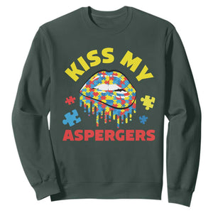 Funny Kiss My Aspergers Sweatshirt Asperger Syndrome Autism Awareness Puzzle Lips TS11 Dark Forest Green Print Your Wear
