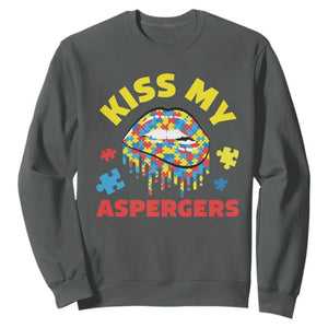 Funny Kiss My Aspergers Sweatshirt Asperger Syndrome Autism Awareness Puzzle Lips TS11 Dark Heather Print Your Wear