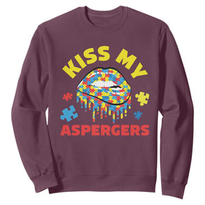 Funny Kiss My Aspergers Sweatshirt Asperger Syndrome Autism Awareness Puzzle Lips TS11 Maroon Print Your Wear