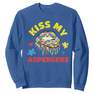 Funny Kiss My Aspergers Sweatshirt Asperger Syndrome Autism Awareness Puzzle Lips TS11 Royal Blue Print Your Wear