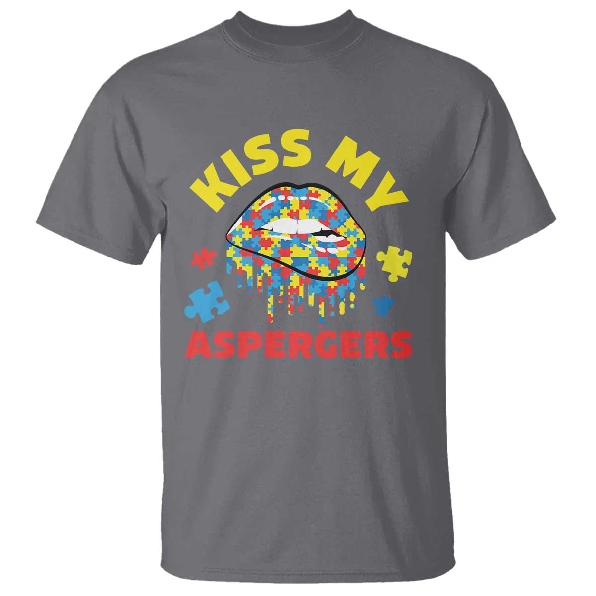 Funny Kiss My Aspergers T Shirt Asperger Syndrome Autism Awareness Puzzle Lips TS11 Charcoal Print Your Wear